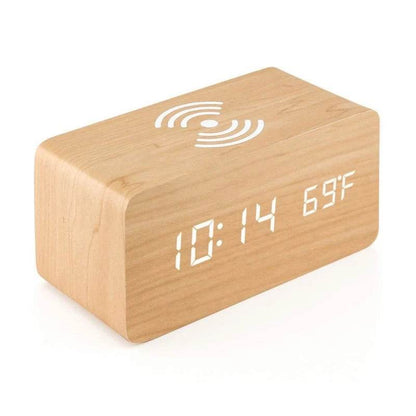 Fitzsi Essentials voice control wooden alarm clock displaying time and temperature in a sleek design